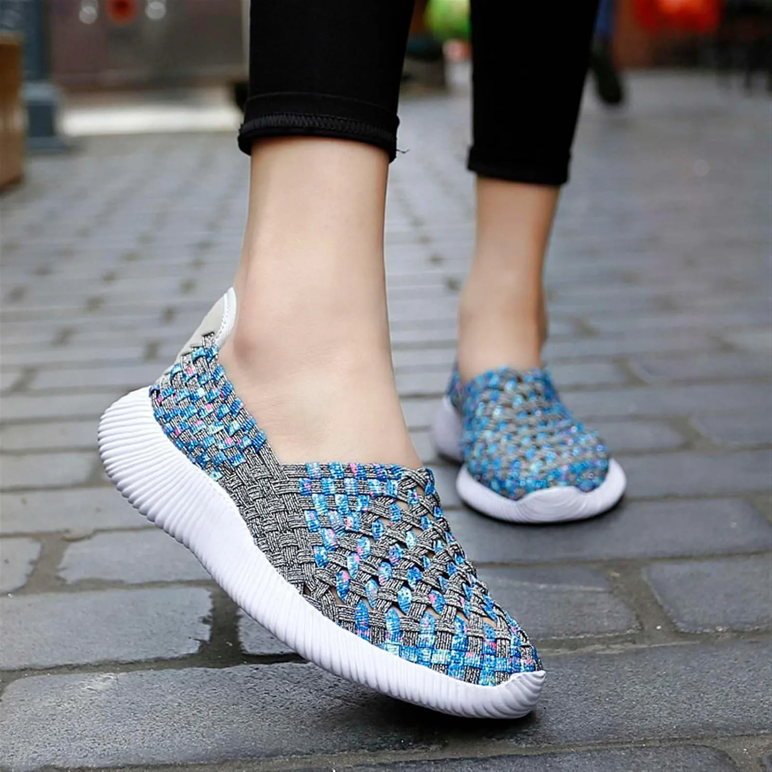 Women's Elastic Woven Walking Shoes Flats Slip on Sneakers Lightweight Walking Running Shoes