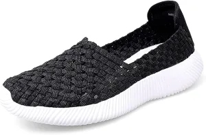 Women's Elastic Woven Walking Shoes Flats Slip on Sneakers Lightweight Walking Running Shoes