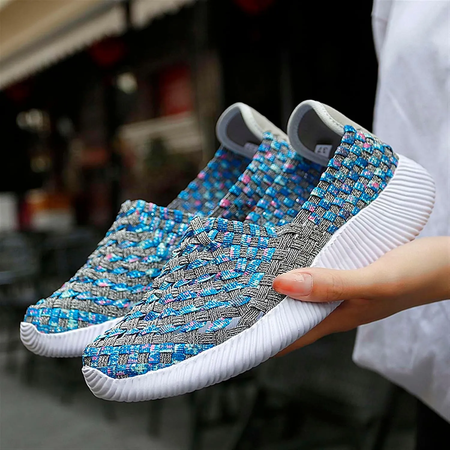 Women's Elastic Woven Walking Shoes Flats Slip on Sneakers Lightweight Walking Running Shoes