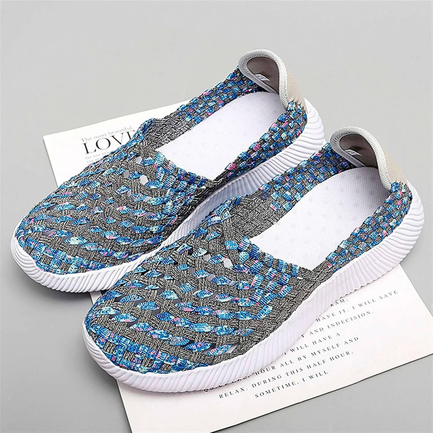 Women's Elastic Woven Walking Shoes Flats Slip on Sneakers Lightweight Walking Running Shoes