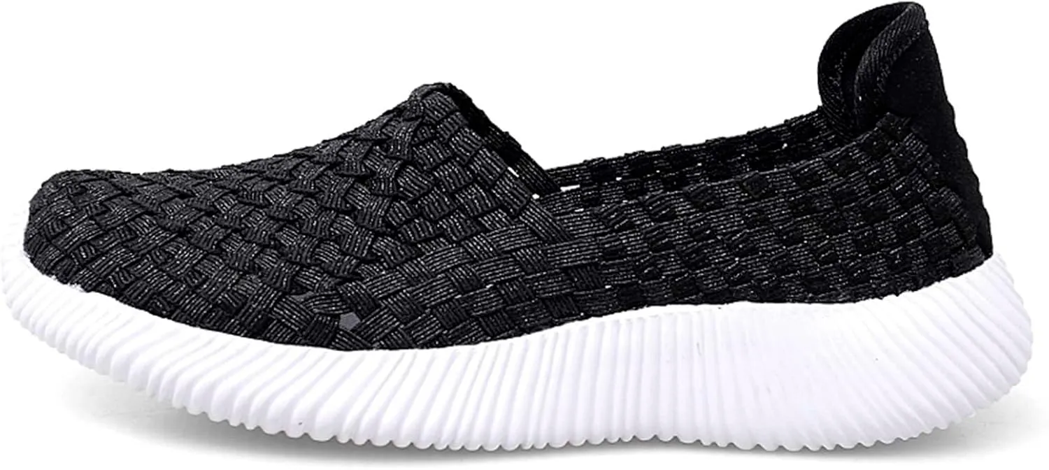 Women's Elastic Woven Walking Shoes Flats Slip on Sneakers Lightweight Walking Running Shoes