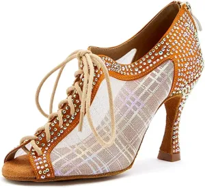 Women's Elegant Latin Dance Shoes - Ballroom Breathable Mesh Lightweight Party Sandals, 10CM/3.9Inch Heel Height