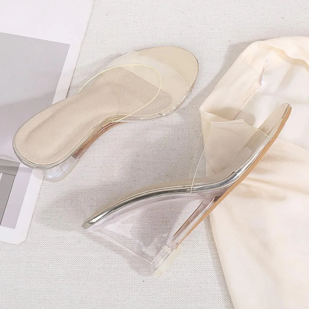 Women's Fashion Clear Wedge Sandals Open Toe Slip On Mules High Heel Transparent Jelly Dress Sandal