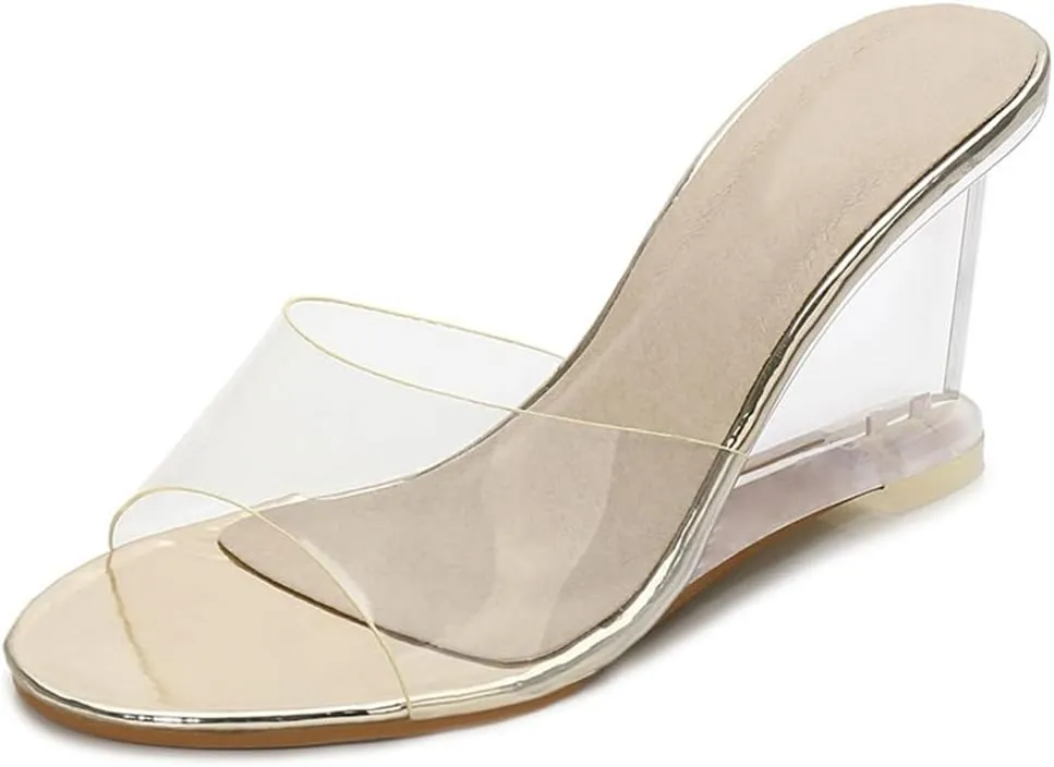 Women's Fashion Clear Wedge Sandals Open Toe Slip On Mules High Heel Transparent Jelly Dress Sandal