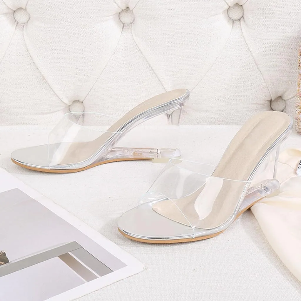 Women's Fashion Clear Wedge Sandals Open Toe Slip On Mules High Heel Transparent Jelly Dress Sandal