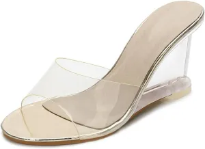 Women's Fashion Clear Wedge Sandals Open Toe Slip On Mules High Heel Transparent Jelly Dress Sandal