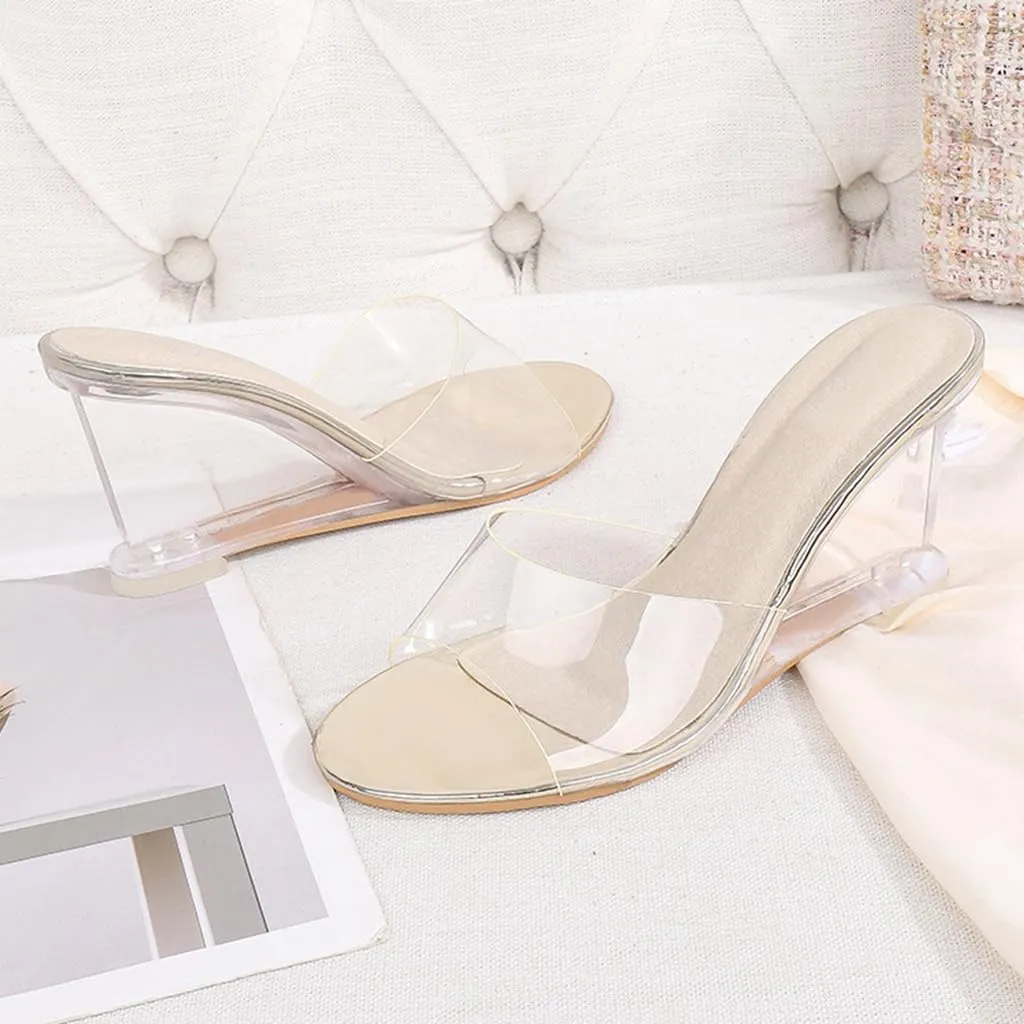 Women's Fashion Clear Wedge Sandals Open Toe Slip On Mules High Heel Transparent Jelly Dress Sandal