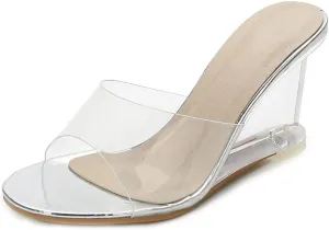 Women's Fashion Clear Wedge Sandals Open Toe Slip On Mules High Heel Transparent Jelly Dress Sandal