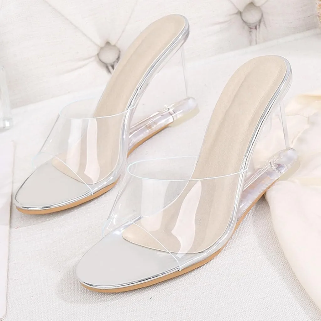 Women's Fashion Clear Wedge Sandals Open Toe Slip On Mules High Heel Transparent Jelly Dress Sandal