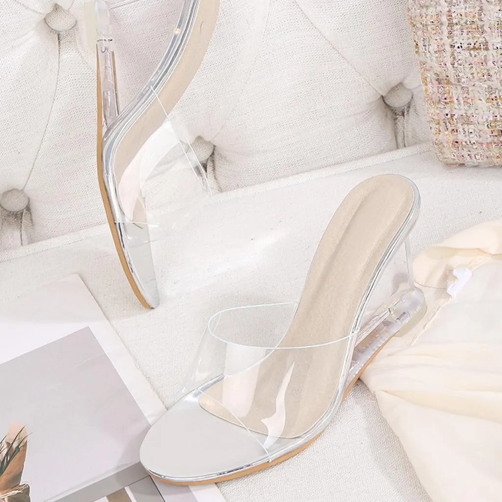 Women's Fashion Clear Wedge Sandals Open Toe Slip On Mules High Heel Transparent Jelly Dress Sandal