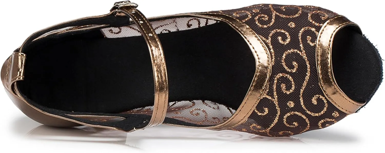 Womens Girls Low Heels for Dance Mesh Elegant Latin Ballroom Dancing Shoes Evening Party Sandals X077