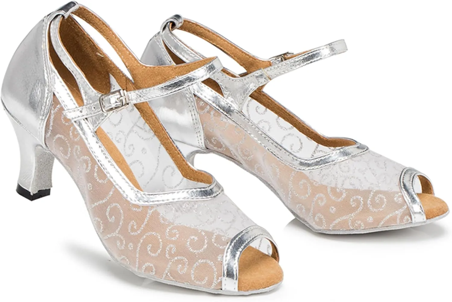 Womens Girls Low Heels for Dance Mesh Elegant Latin Ballroom Dancing Shoes Evening Party Sandals X077