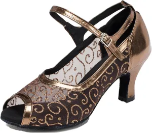Womens Girls Low Heels for Dance Mesh Elegant Latin Ballroom Dancing Shoes Evening Party Sandals X077