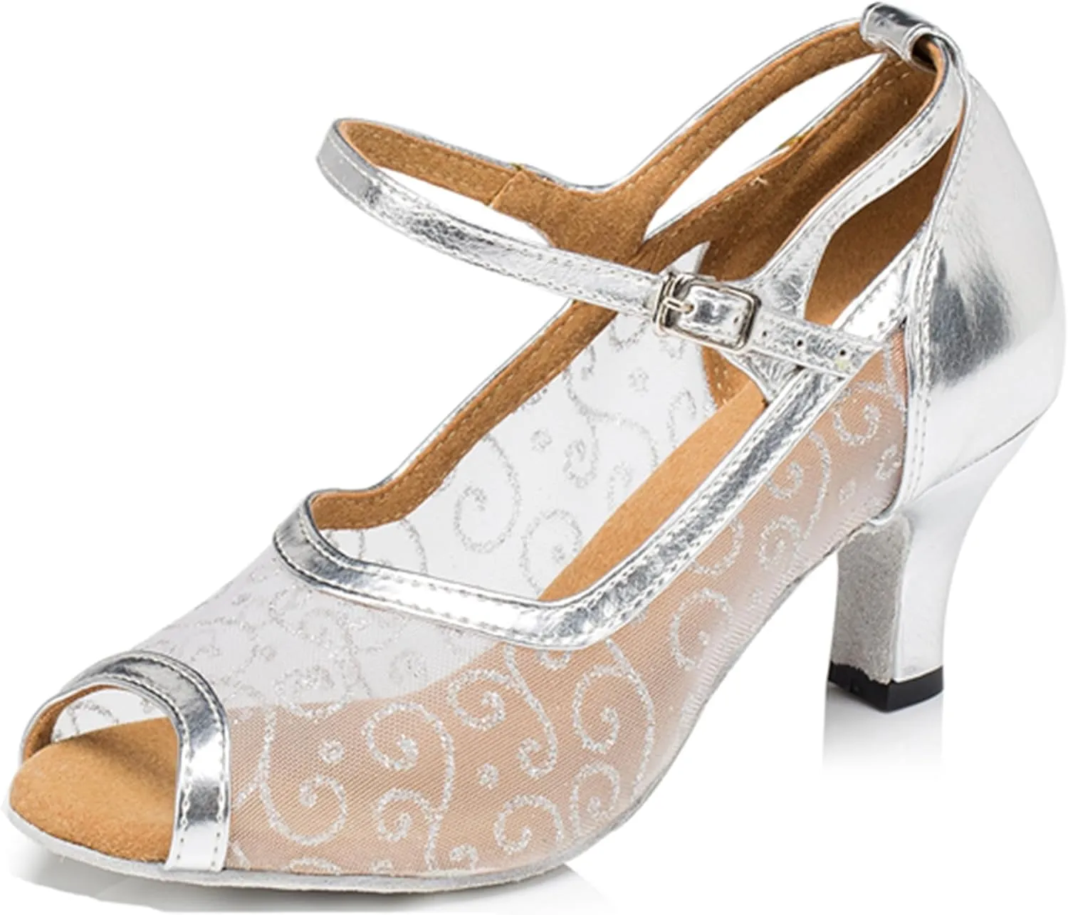 Womens Girls Low Heels for Dance Mesh Elegant Latin Ballroom Dancing Shoes Evening Party Sandals X077