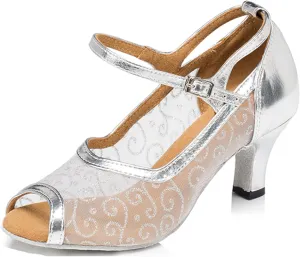 Womens Girls Low Heels for Dance Mesh Elegant Latin Ballroom Dancing Shoes Evening Party Sandals X077