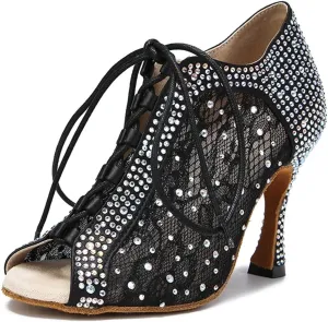 Women's Lace Mesh Latin Dance Shoes - Ballroom Party Performance Red Wedding Sandals, 10CM/3.9Inch Heel Height