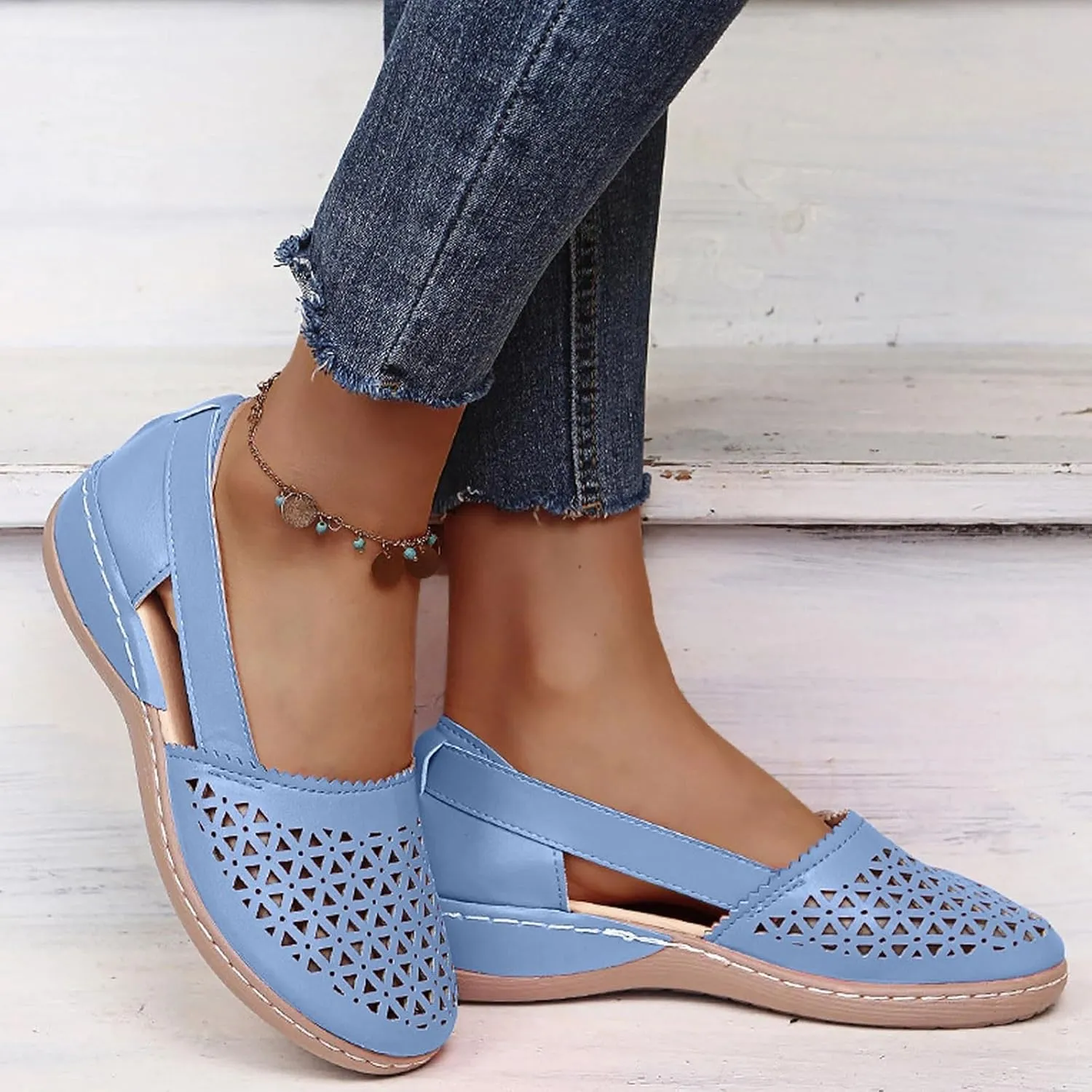 Women's Leather Platform Wedge Orthopedic Sandals 2025 Fashionable Comfortable Closed Toe Hollow Out Wedge Heeled Thick Soled Sandals Beach Vacation Travel Summer Casual Lightweight Wedding Shoes
