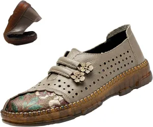 Women's Leather Slip On Casual Dress Shoes,Comfort Vintage Print Frog Button Non-Slip Softsole Oxford Penny Loafers