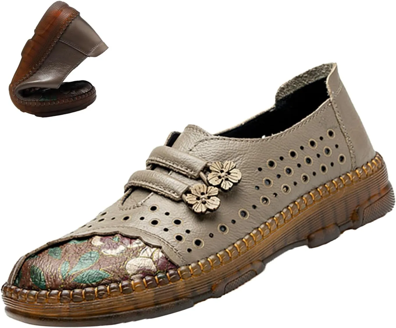 Women's Leather Slip On Casual Dress Shoes,Comfort Vintage Print Frog Button Non-Slip Softsole Oxford Penny Loafers