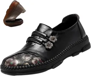 Women's Leather Slip On Casual Dress Shoes,Comfort Vintage Print Frog Button Non-Slip Softsole Oxford Penny Loafers
