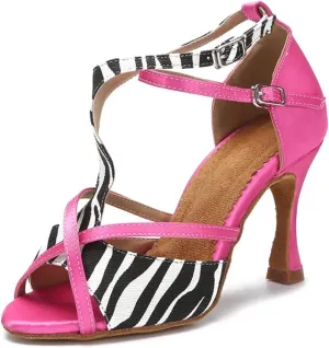 Women's Leopard Satin Latin Dance Shoes - Tango Salsa Rumba Ballroom Sandals, 10CM/3.9Inch Heel Height