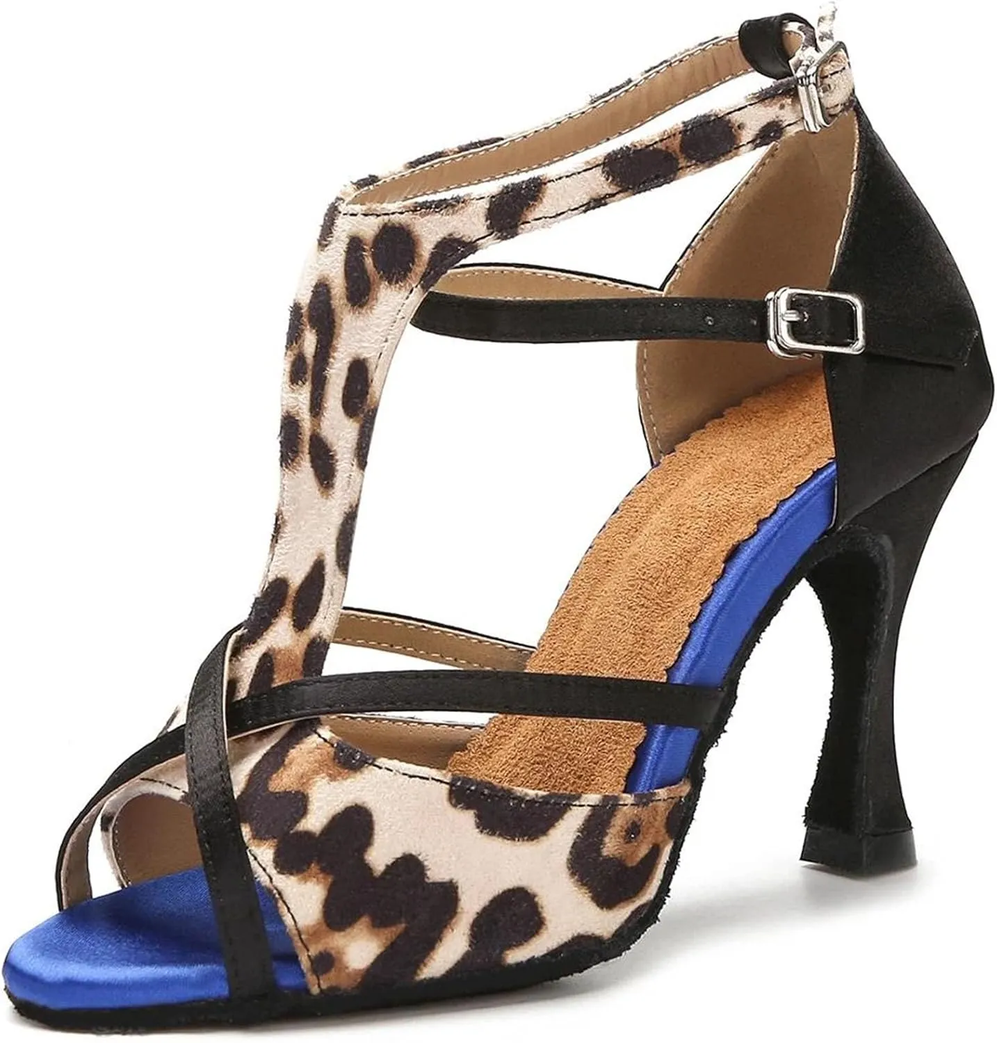 Women's Leopard Satin Latin Dance Shoes - Tango Salsa Rumba Ballroom Sandals, 10CM/3.9Inch Heel Height