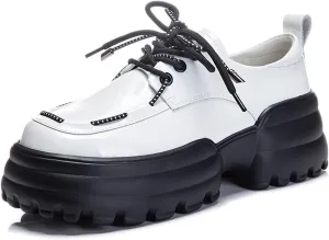 Women's Lug Sole Platform Loafers,Fashion Patent Leather Lace Up Oxfords Comfortable Round Toe Business Office Dress Shoes