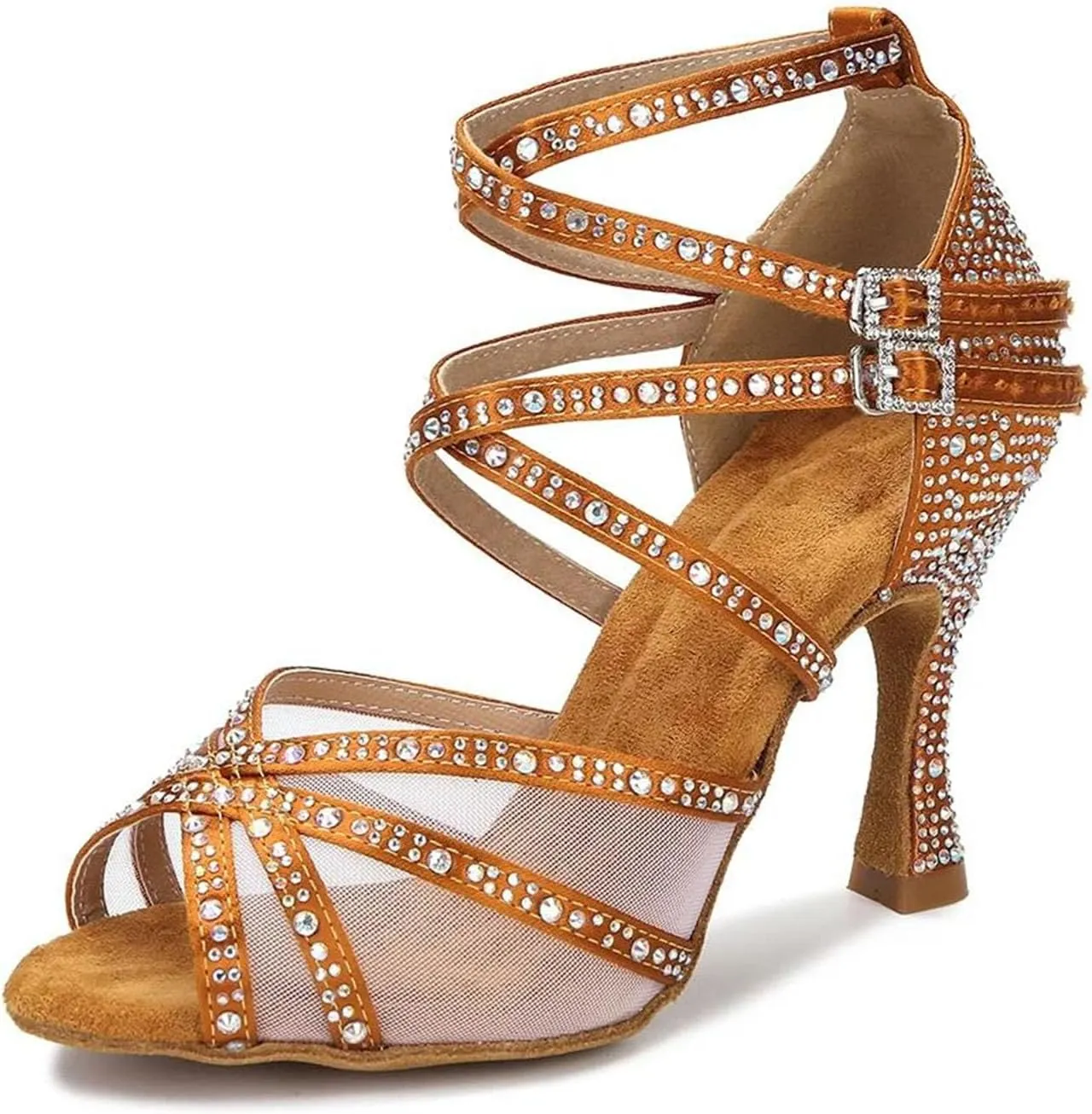 Women's Mesh Latin Dance Shoes - Ballroom Silk Satin Wedding Soft Bottom Sandals, 10CM/3.9Inch Heel Height