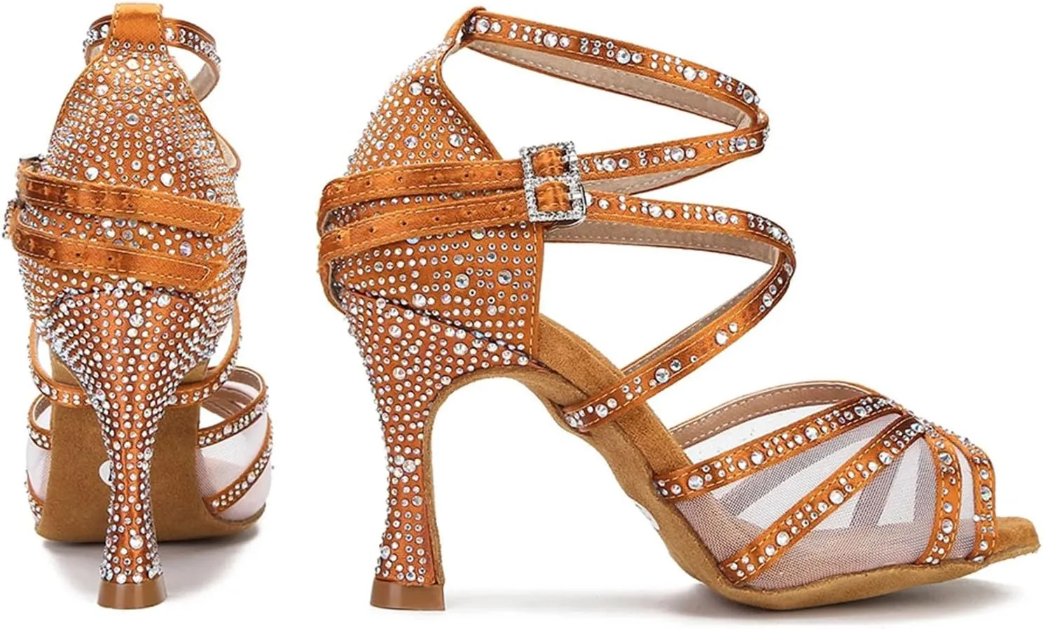 Women's Mesh Latin Dance Shoes - Ballroom Silk Satin Wedding Soft Bottom Sandals, 10CM/3.9Inch Heel Height