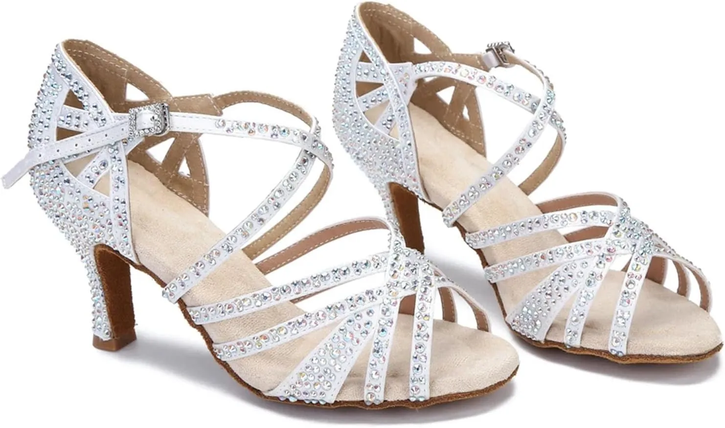 Women's Rhinestone Ballroom Dance Shoes - White Satin Soft Bottom Wedding Sandals, 10CM/3.9Inch Heel Height