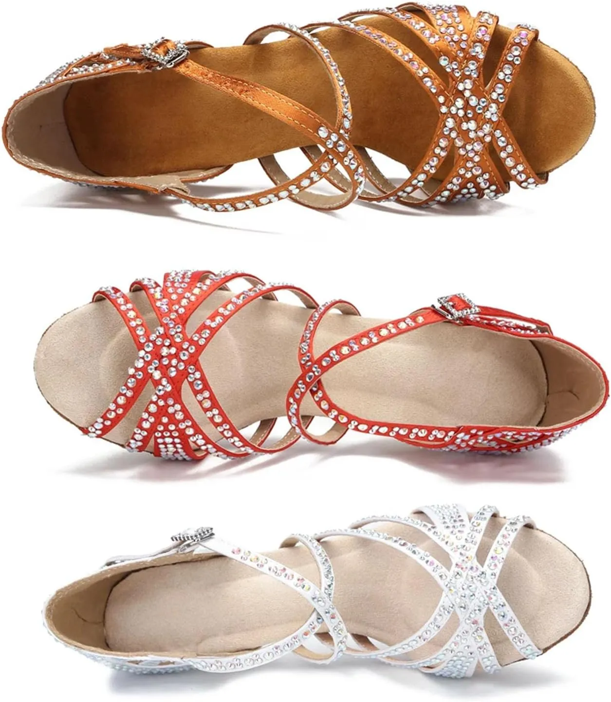 Women's Rhinestone Ballroom Dance Shoes - White Satin Soft Bottom Wedding Sandals, 10CM/3.9Inch Heel Height