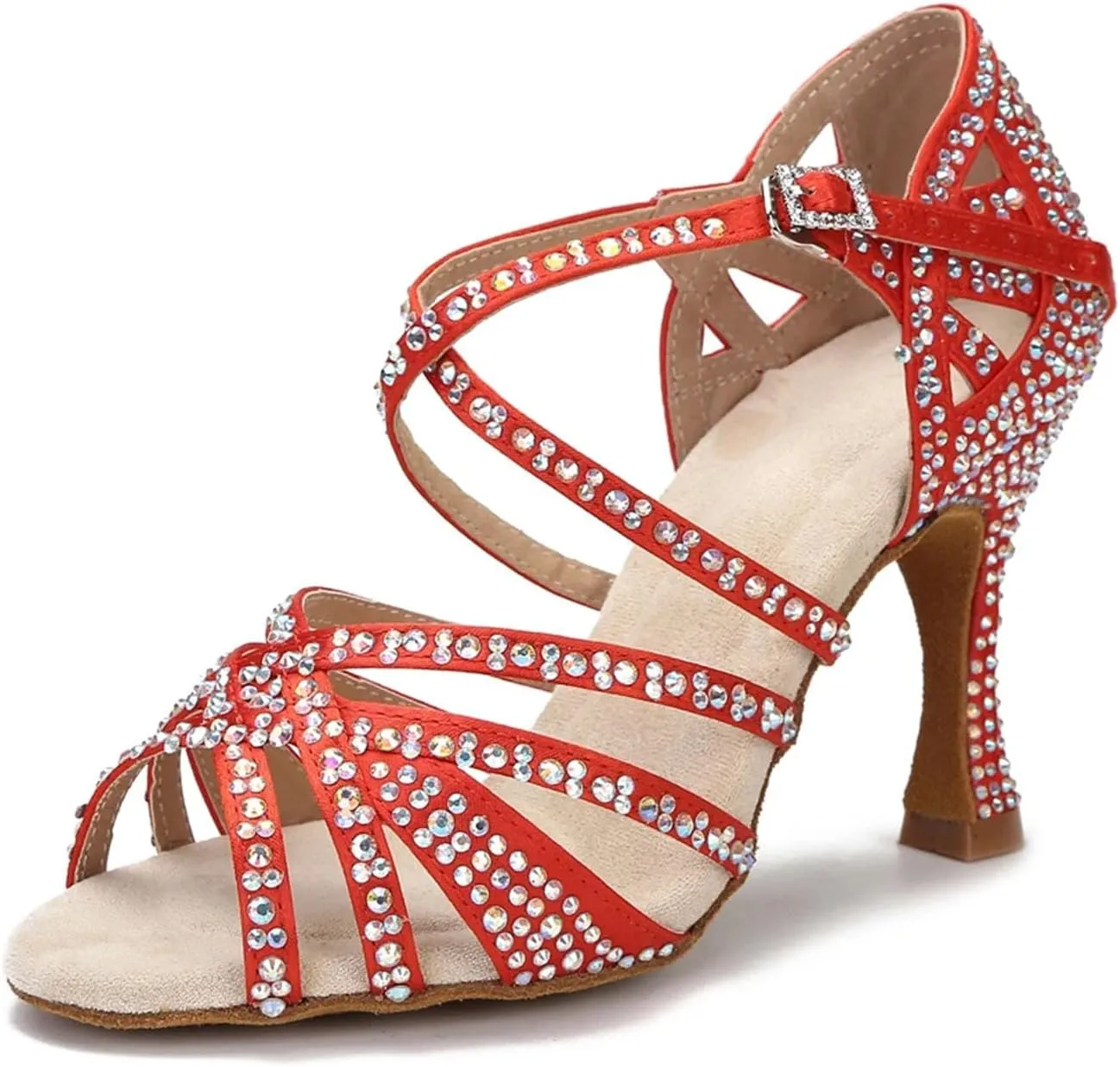 Women's Rhinestone Ballroom Dance Shoes - White Satin Soft Bottom Wedding Sandals, 10CM/3.9Inch Heel Height