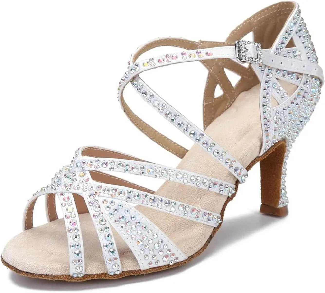 Women's Rhinestone Ballroom Dance Shoes - White Satin Soft Bottom Wedding Sandals, 10CM/3.9Inch Heel Height