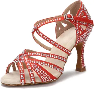 Women's Rhinestone Ballroom Dance Shoes - White Satin Soft Bottom Wedding Sandals, 10CM/3.9Inch Heel Height