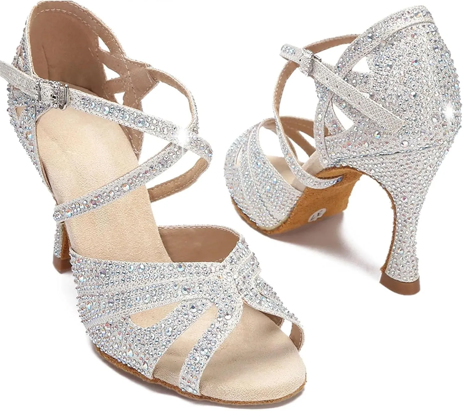 Women's Rhinestone Latin Dance Shoes - Salsa Tango Soft Sole Indoor Wedding Sandals, 10CM/3.9Inch Heel Height