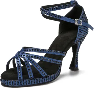 Women's Rhinestone Latin Dance Shoes - Thick Soft Bottom Non-Slip Salsa Rumba Indoor Sandals, 10CM/3.9Inch Heel Height