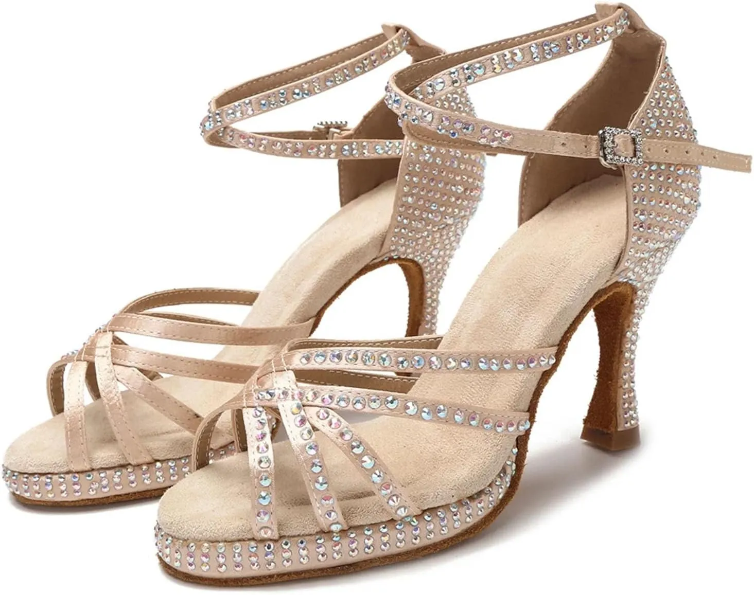 Women's Rhinestone Latin Dance Shoes - Thick Soft Bottom Non-Slip Salsa Rumba Indoor Sandals, 10CM/3.9Inch Heel Height
