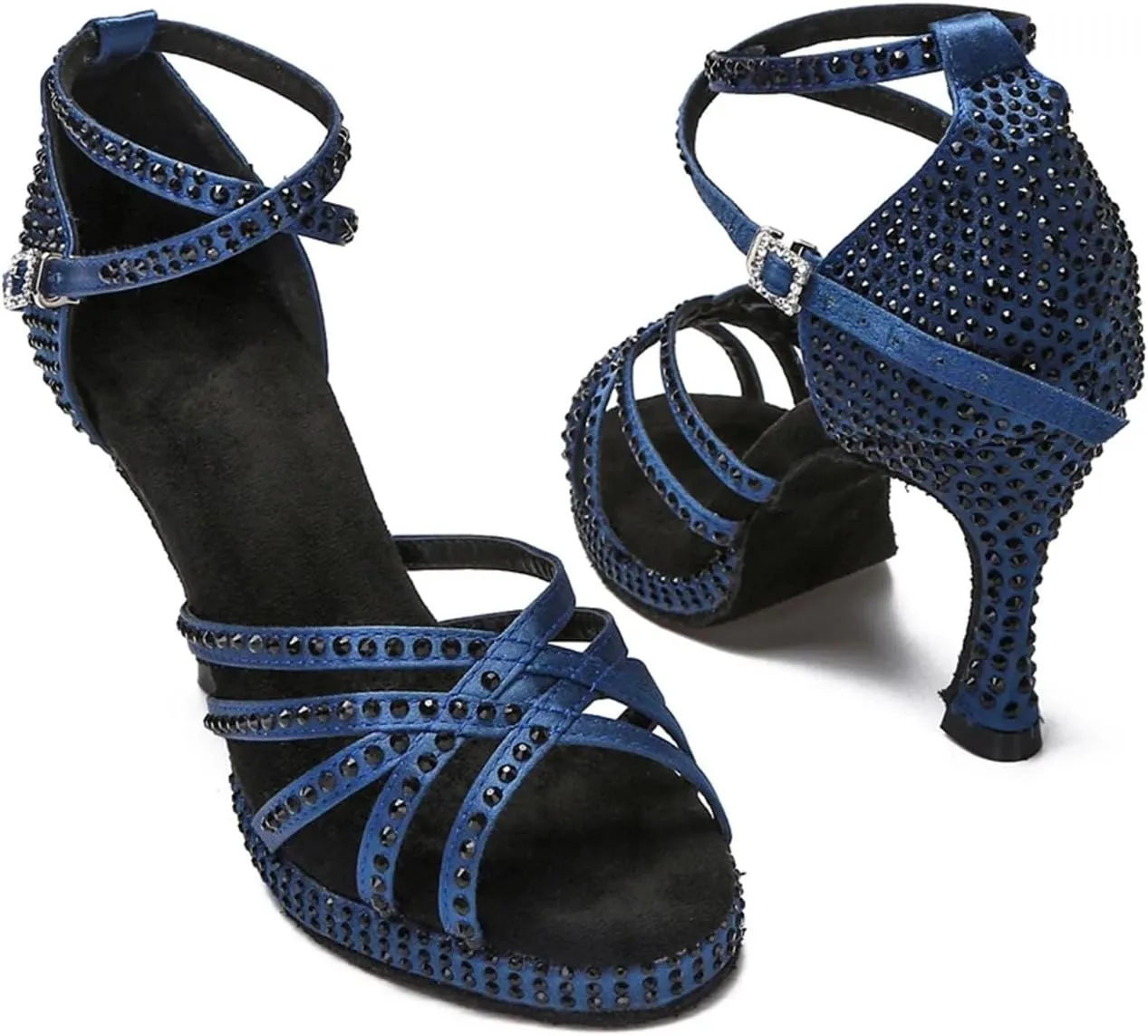 Women's Rhinestone Latin Dance Shoes - Thick Soft Bottom Non-Slip Salsa Rumba Indoor Sandals, 10CM/3.9Inch Heel Height