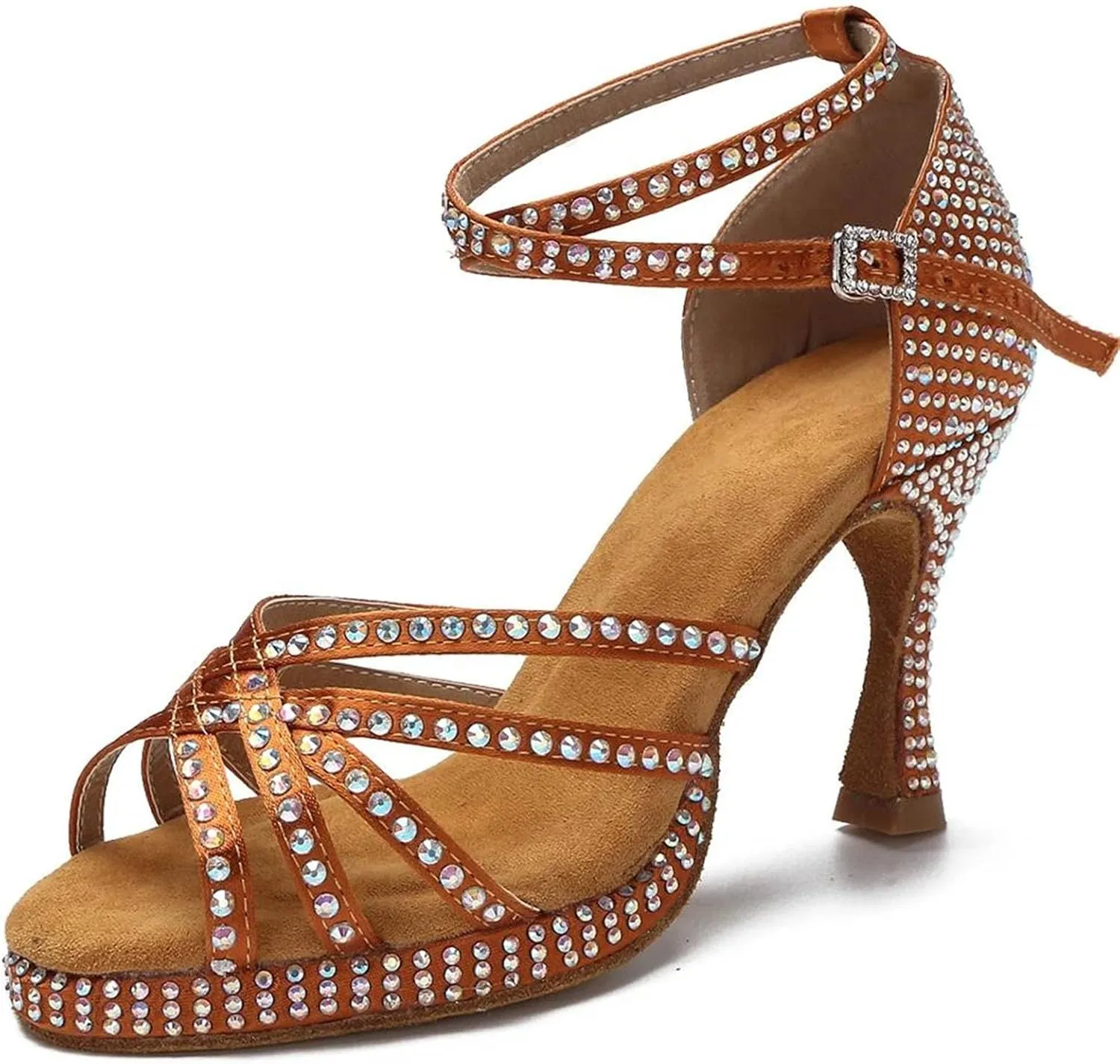 Women's Rhinestone Latin Dance Shoes - Thick Soft Bottom Non-Slip Salsa Rumba Indoor Sandals, 10CM/3.9Inch Heel Height