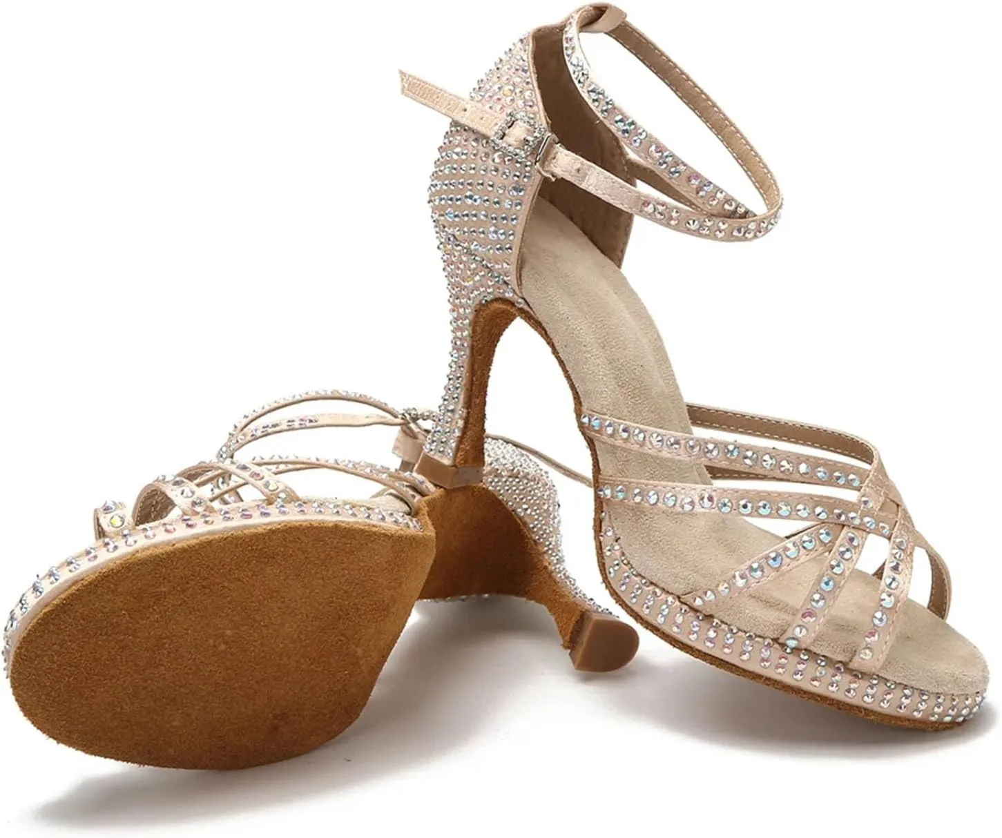 Women's Rhinestone Latin Dance Shoes - Thick Soft Bottom Non-Slip Salsa Rumba Indoor Sandals, 10CM/3.9Inch Heel Height