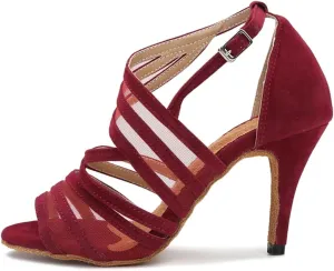 Women's Satin Latin Dance Shoes - Salsa Samba Tango Indoor Black Sandals, 10CM/3.9Inch Heel Height