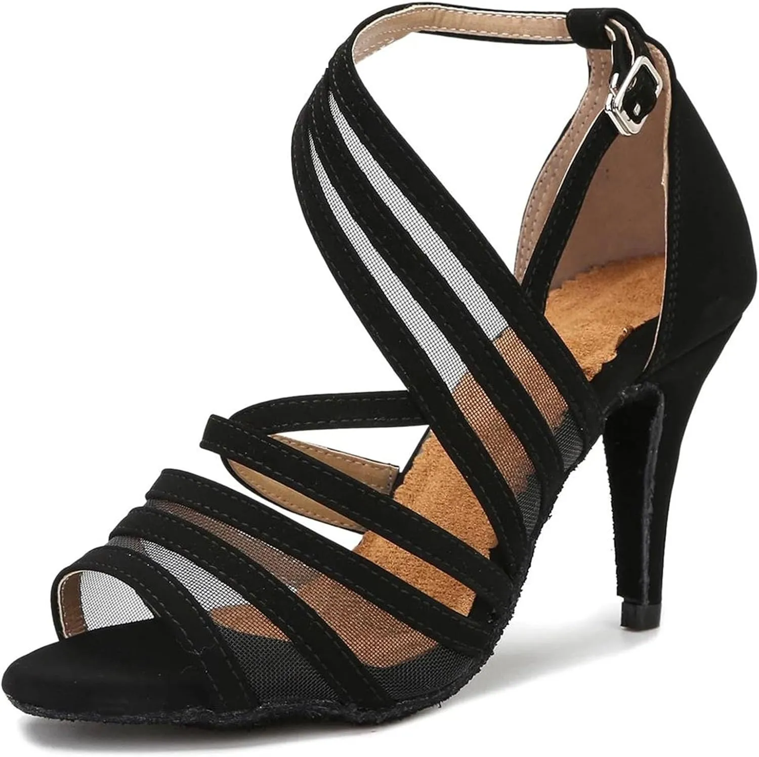 Women's Satin Latin Dance Shoes - Salsa Samba Tango Indoor Black Sandals, 10CM/3.9Inch Heel Height