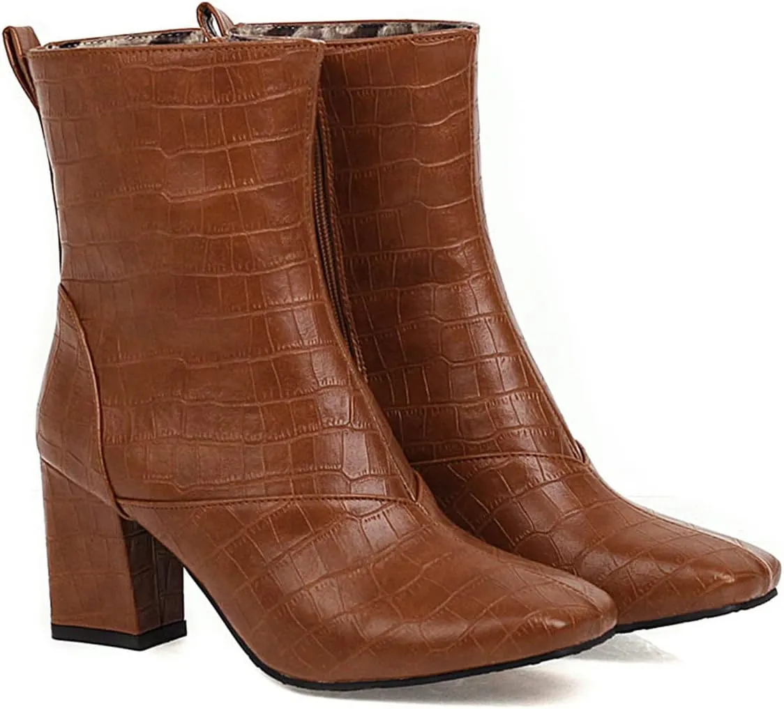 Womens Side Zipper Short Boots - Fashion Square Toe Thick High-heeled Mid Calf Boots Stone Pattern Pointed Toe Comfortable Casual Shoes