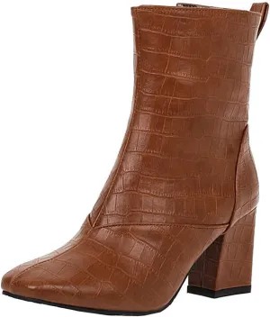 Womens Side Zipper Short Boots - Fashion Square Toe Thick High-heeled Mid Calf Boots Stone Pattern Pointed Toe Comfortable Casual Shoes