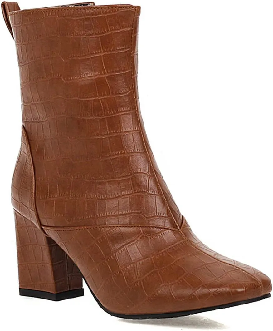 Womens Side Zipper Short Boots - Fashion Square Toe Thick High-heeled Mid Calf Boots Stone Pattern Pointed Toe Comfortable Casual Shoes