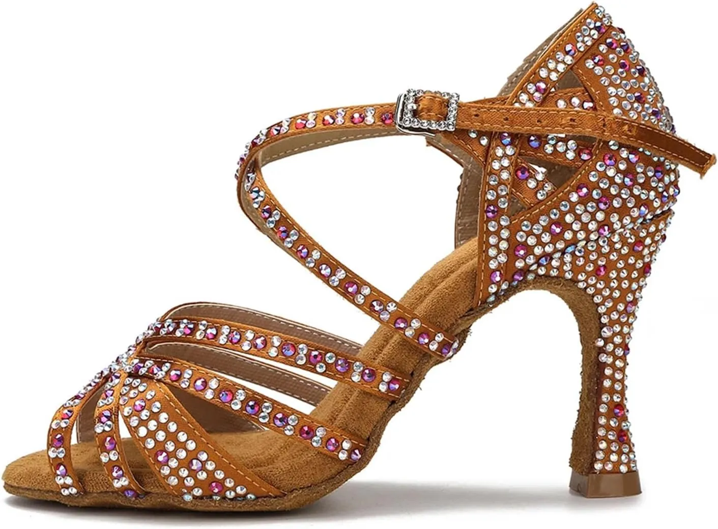 Women's Soft Sole Latin Dance Shoes - Satin Rhinestone Samba Rumba Sandals, 10CM/3.9Inch Heel Height