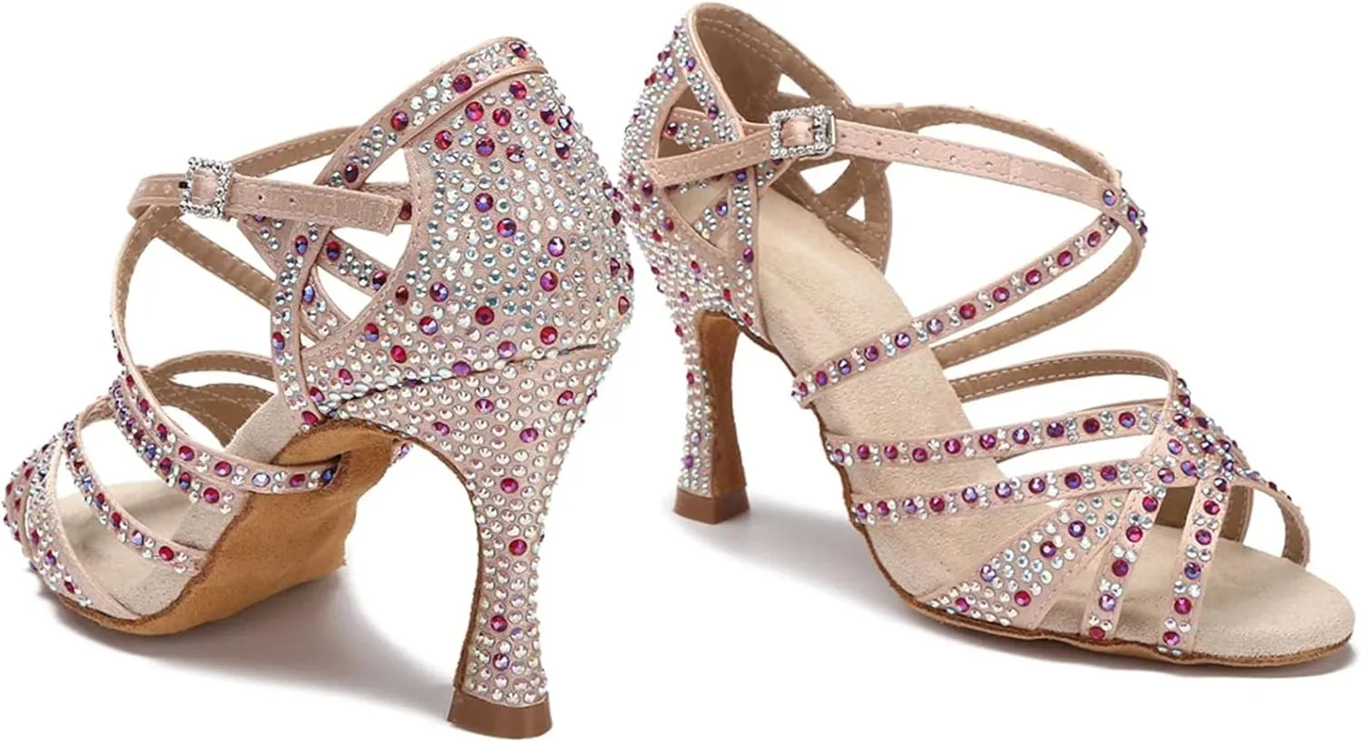 Women's Soft Sole Latin Dance Shoes - Satin Rhinestone Samba Rumba Sandals, 10CM/3.9Inch Heel Height