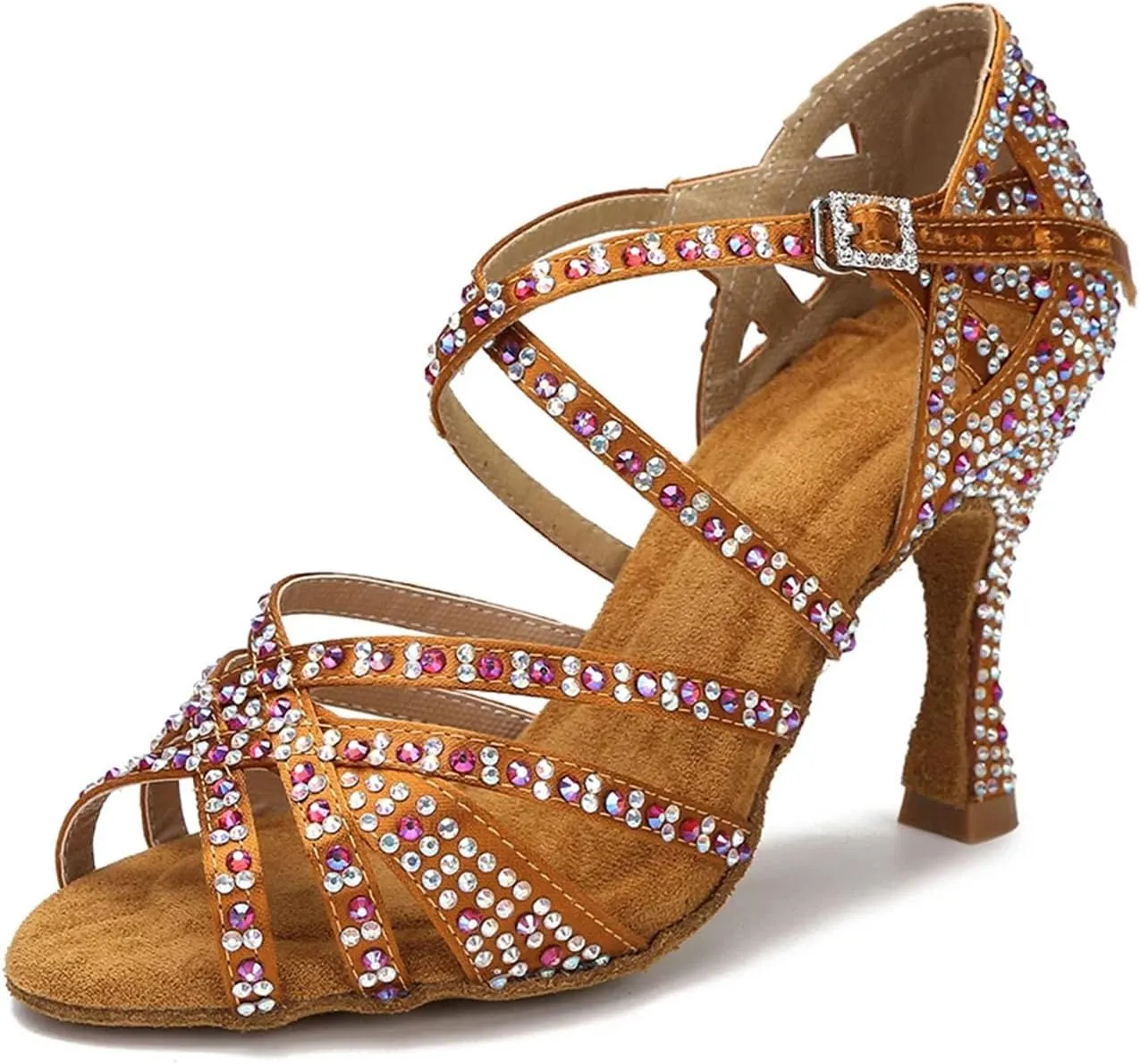 Women's Soft Sole Latin Dance Shoes - Satin Rhinestone Samba Rumba Sandals, 10CM/3.9Inch Heel Height