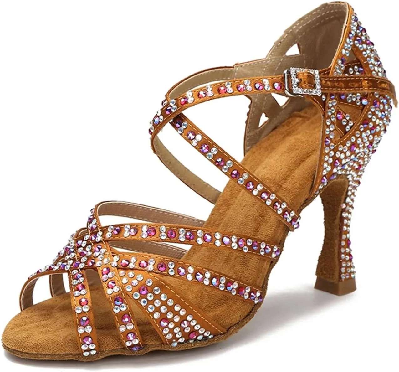 Women's Soft Sole Latin Dance Shoes - Satin Rhinestone Samba Rumba Sandals, 10CM/3.9Inch Heel Height