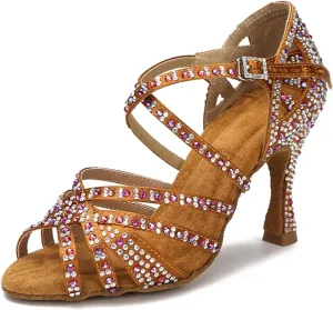 Women's Soft Sole Latin Dance Shoes - Satin Rhinestone Samba Rumba Sandals, 10CM/3.9Inch Heel Height